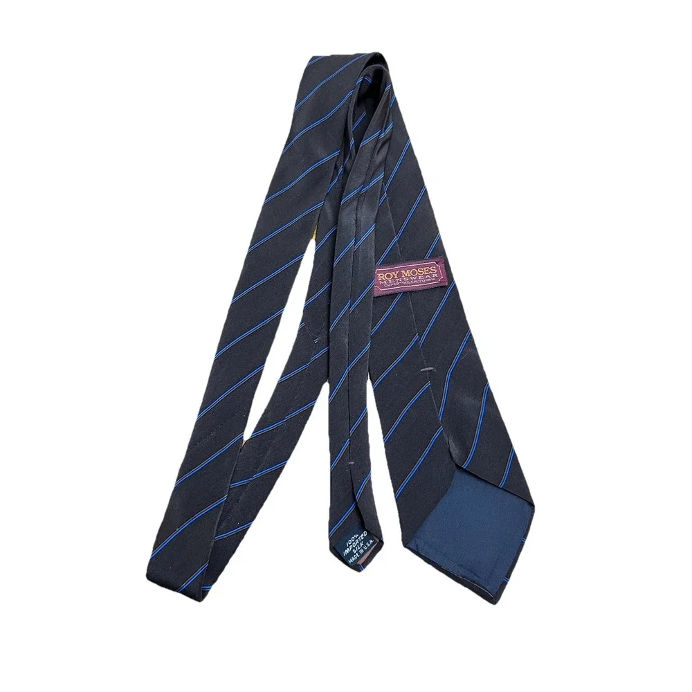 Vintage Roy Moses Menswear 100% Silk Tie Striped Blue Brown Made in USA 70s